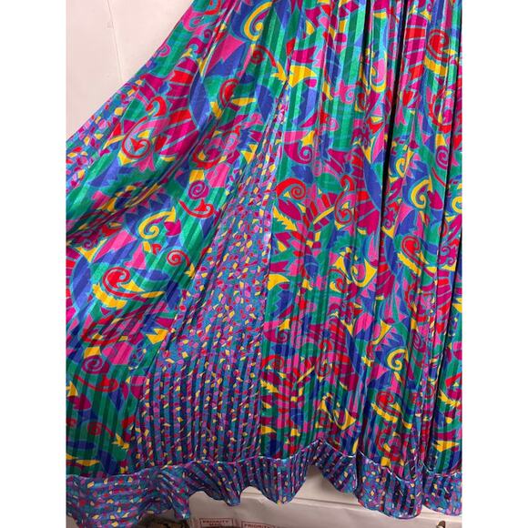 Vintage 80s Jaymee Papell Geometric Maxi Dress M Cinch Waist Ruffle Tassels - Picture 5 of 7